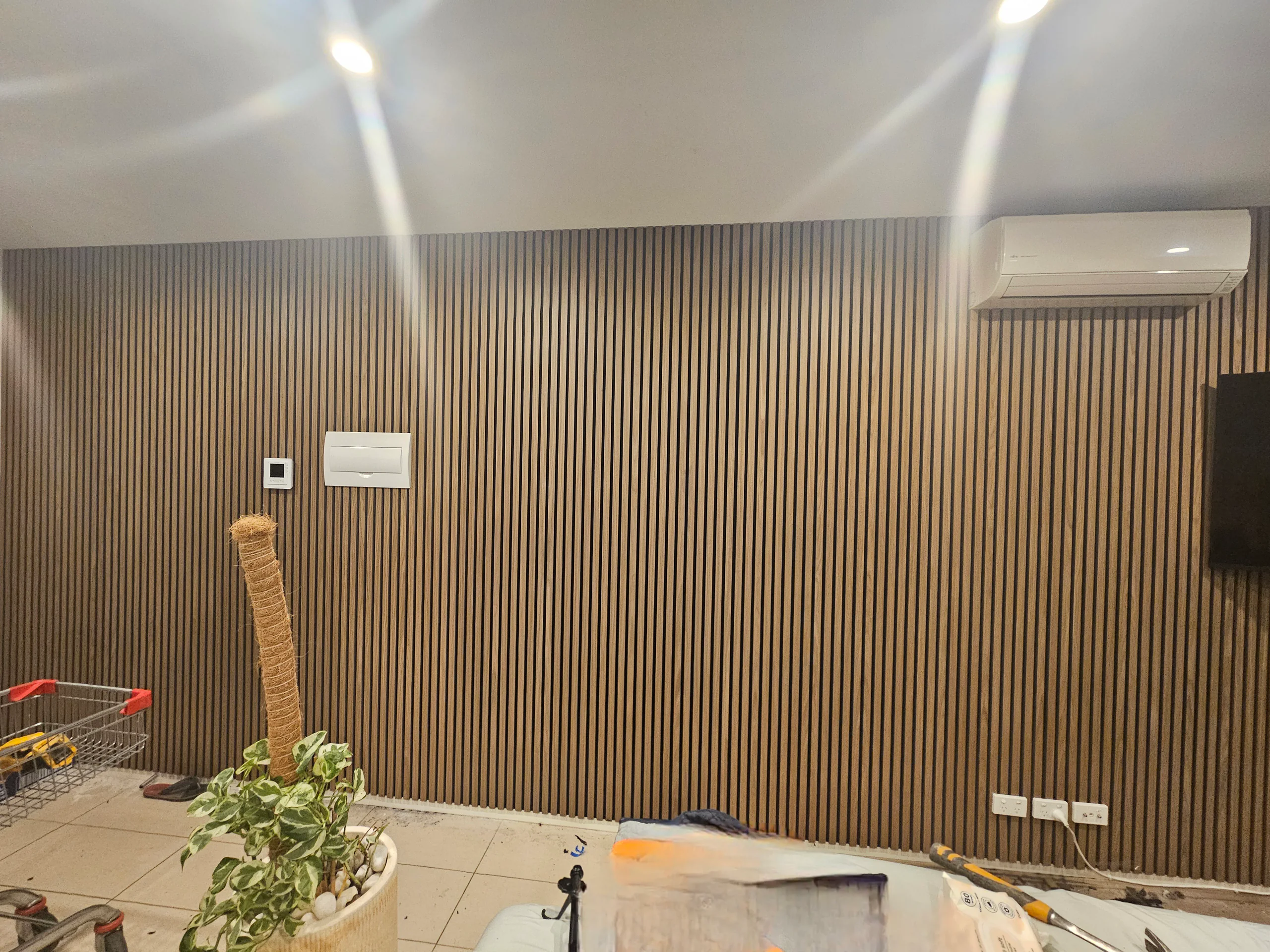 Timber-slat feature wall in a Mount Waverley living room